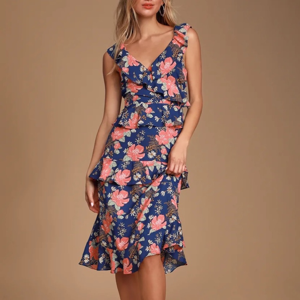 NWT Lulu’s Fleur-Evermore Navy Blue Floral Print Ruffled Midi Dress size L